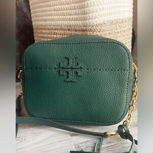 Tory Burch McGraw Leather Camera Bag in Green with Crossbody Strap